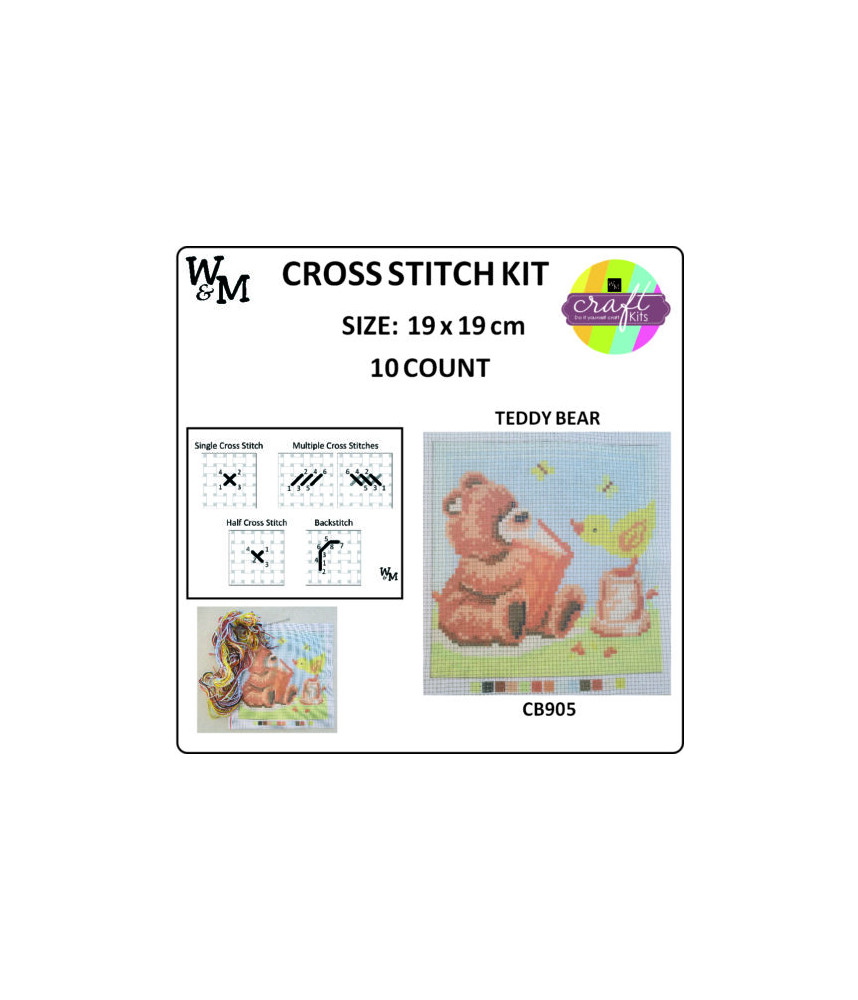 W&M Cross Stitch KIT TEDDY BEAR 10ct 19 x 19cm