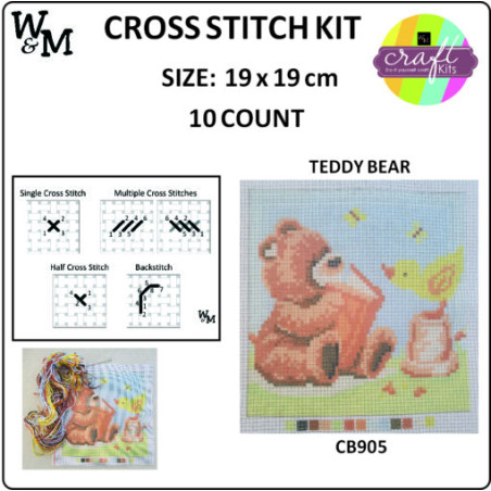 W&M Cross Stitch KIT TEDDY BEAR 10ct 19 x 19cm