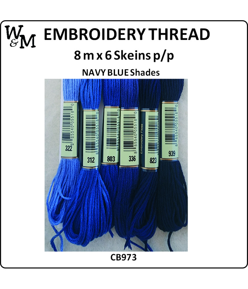 W&M Embroidery Thread Navy BLUE Shades 8m x 6 Skeins