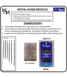 W&M ROYAL Hand Needles EMBROIDERY Size 3 – 9