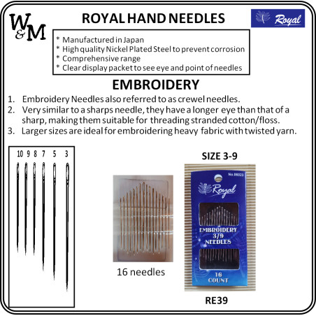 W&M ROYAL Hand Needles EMBROIDERY Size 3 – 9