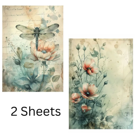 Little Bird - Decoupage Paper Dragonfly Blossom 70gsm A4 size 2design 4 sheets
